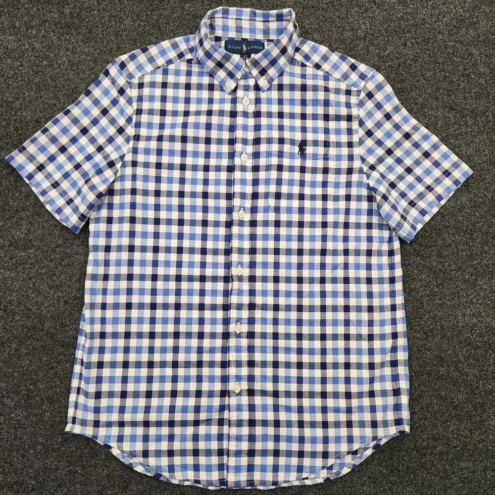 Ralph Lauren Boys Large 14-16 Blue Check Button Down Shirt Cotton Blend‎ Stretch